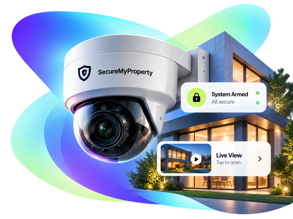 SecureMyProperty dome CCTV camera mounted on a modern home, with the app showing System Armed and a Live View feed