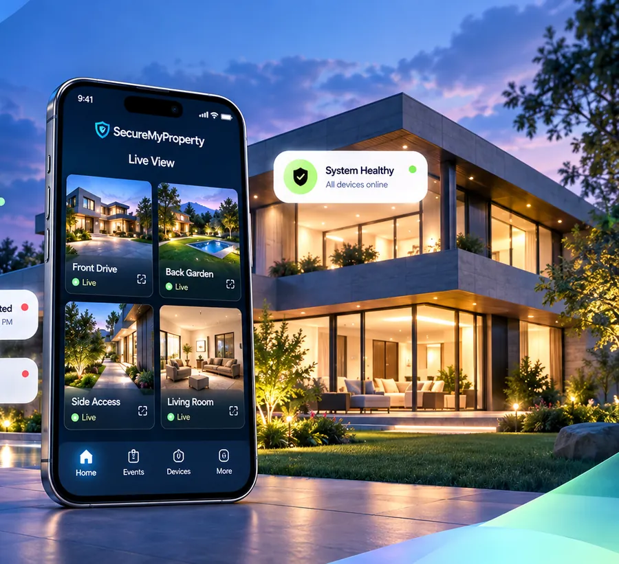SecureMyProperty app showing four live camera feeds in front of a modern home at dusk