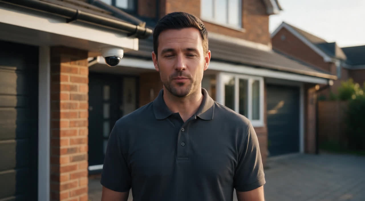 SecureMyProperty presenter in front of a home with a Hikvision dome camera